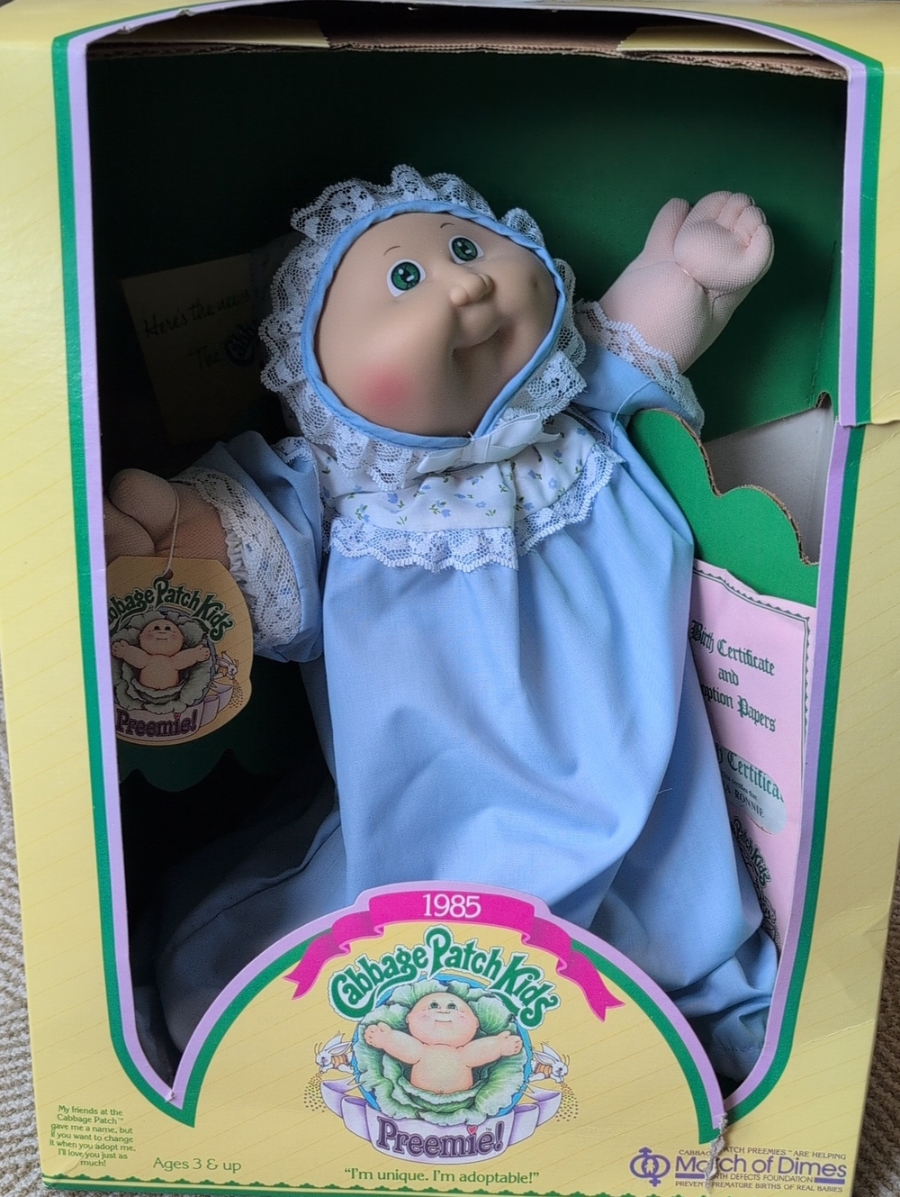 New Cabage Patch Kids Preemie March Of Dimes Green Eyes Sara Ronnie Doll (1985)